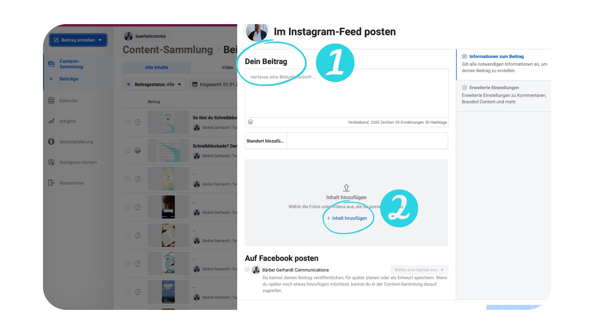 Facebook creator studio Beitrag erstellen und hochladen